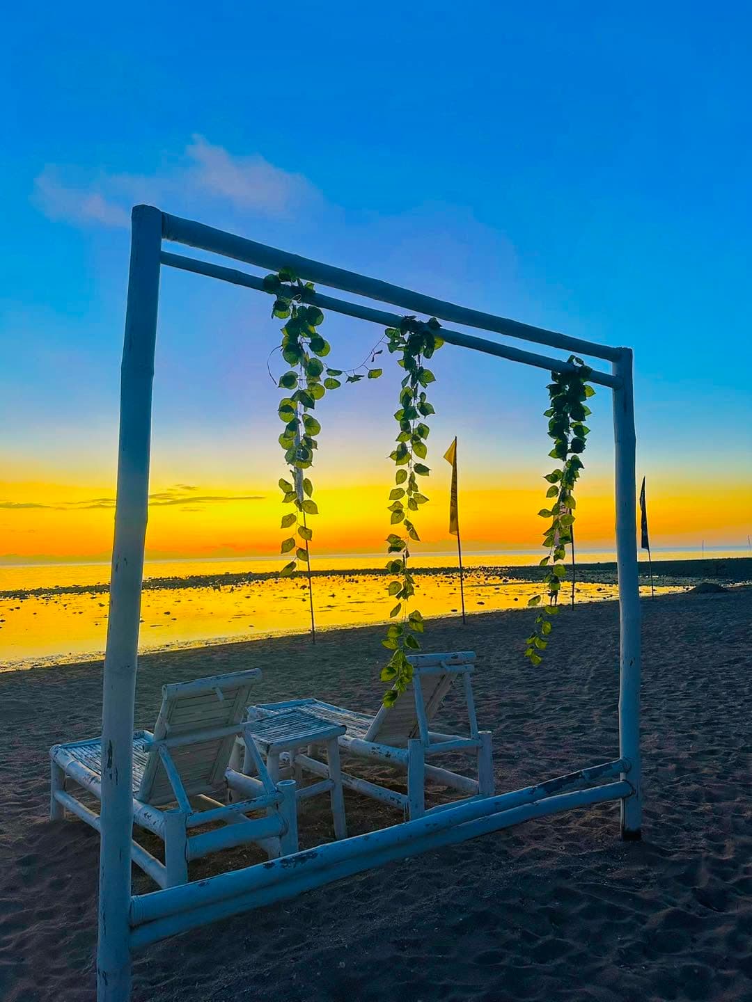 Sunbathing chairs set out on the sand